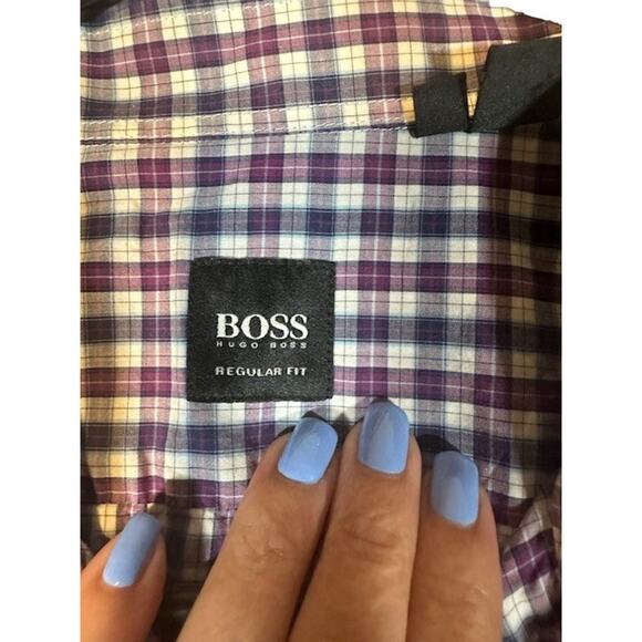 Hugo Boss Purple Multi Plaid Collared Long Sleeve Button Down Shirt Men Sz L - Picture 7 of 8